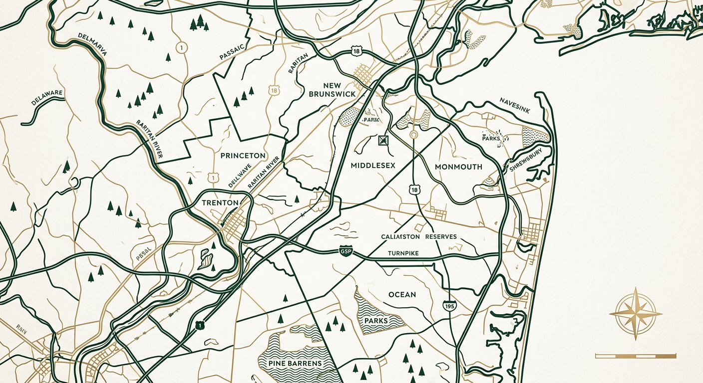 Illustrated map of central New Jersey showing the Brunswicks, the Route 1 corridor and the Jersey Shore