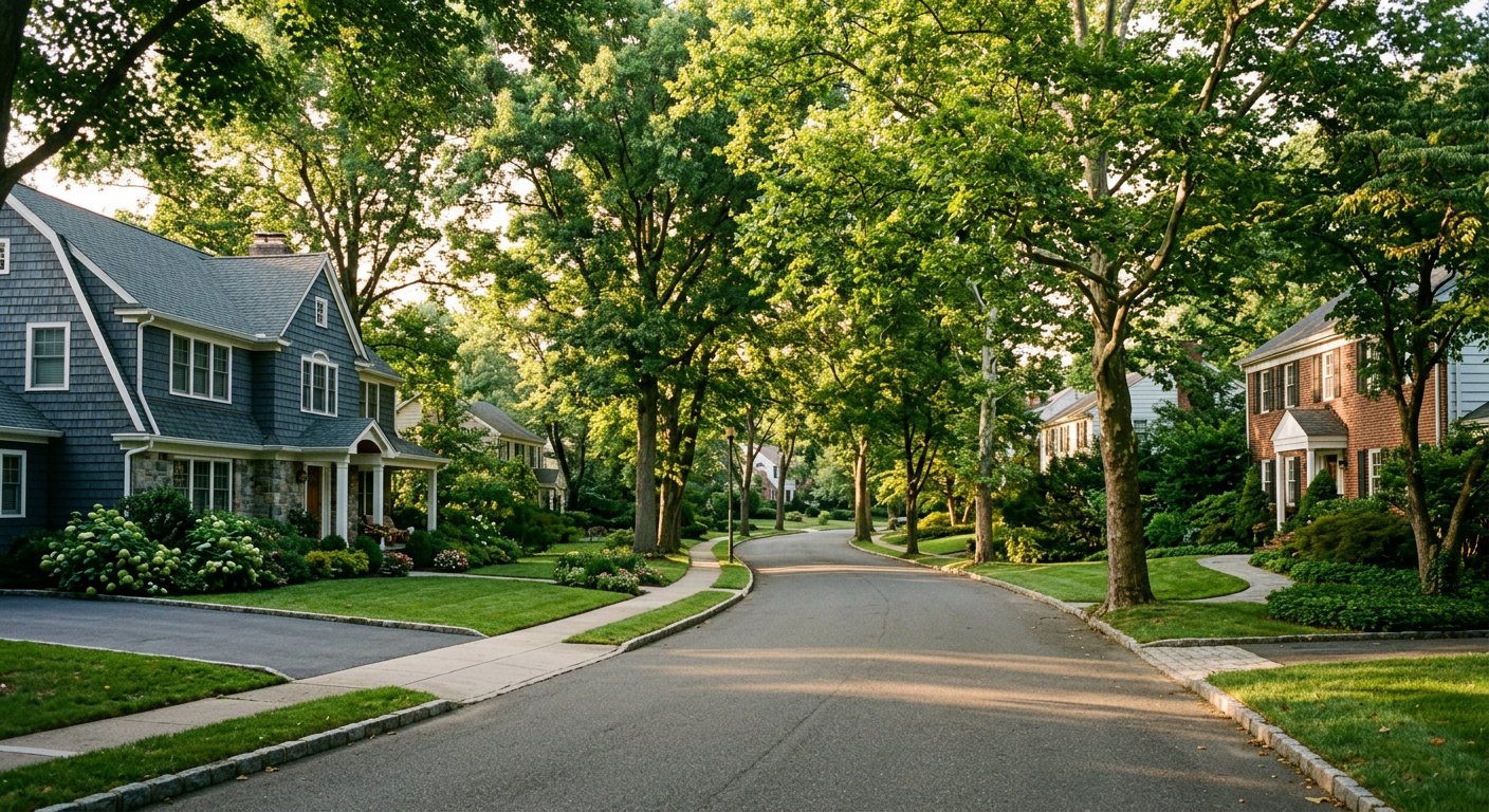 Tree-lined residential street in North and Central New Jersey